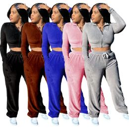 Designer Velvet Tracksuits Fall Winter Women Sweatsuits Long Sleeve Jacket and Wide Leg Pants Two Piece Sets Outfits Casual Jogging suits Sporswear Wholesale