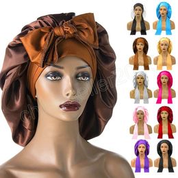 New Satin Bonnet Wide Stretch Ties Band Silk Night Sleep Cap Turban Polyester Elastic Long Tail Hair Bonnet Hat Head Cover