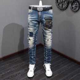 Men's Jeans High Street Fashion Men Retro Blue Camouflage Pocket Designer Elastic Slim Ripped Spliced Hip Hop Pants Hombre