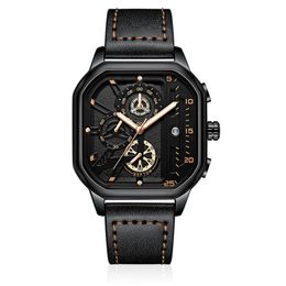 Cool Black NEKTOM Brand Hollow Out Mens Watches Accurate Quartz Watch Leather Strap Luminous Square Dial Wristwatches316J