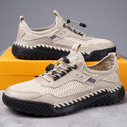 Hand Stitched Leather Casual Shoes for Men Lace Up Outdoor Non-slip Travel Hiking Shoes Black Big Size Mesh casual shoes