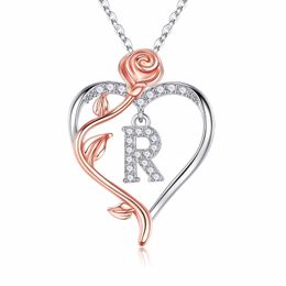 Iefil Rose Heart Necklaces Gifts for Women,925 Sterling Silver Rose Love Heart Initial Letter Pendant Necklace Jewellery Mothers Day Valentines D43214