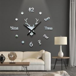 Wall Clocks 3D ELK Creative DIY Stickers Clock Modern Design Quartz Watch Silent Acrylic Mirror For Indoor Cafe Christmas Decoration