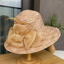 Berets Elegant Bucket Hat Wide Brim Lace Stitching Beach Fascinator With Faux Pearls Summer Women's For A