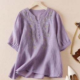 Women's Blouses 2023 Arrival Embroidery Floral V-neck Cotton Linen Loose Vintage Summer Shirts Tops Fashion Women Travel Casual Blouse