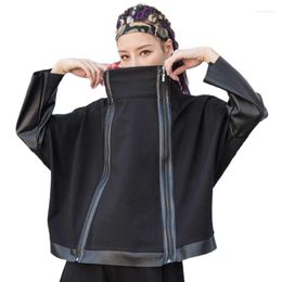 Women's Hoodies Batwing Sweatshirt Front Zipper 2023 Women Black Hoody Coat PU Leather Patchwork Plus Size Jumpers Harajuku LT759S40