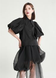 Women's Blouses Zhongchuang Rizhen Spring 2023 Niche Design Puff Sleeve Wood Ear Shirt Short Long