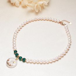 Chains Freshwater Pearl Necklace Jewellery For Women Small Ornament Chalcedony Pendant 8mm Nearly Round Chinese Style Gift Elder