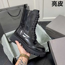 Balanciga New Boots Women's Boots Paris Catwalk Black Bright Patent Leather Thick Soled Lace Side Zipper Round Head Motorcycle Boots
