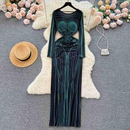 Casual Dresses Spring Autumn Striped Print Bodycon Dress Women Chic O Neck Long Sleeve Hollow Out Back Slim Fit Evening Party Maxi