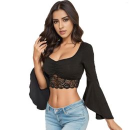 Women's Blouses Sexy Lace Crop Shirt Ladies Cosplay Gothic Dark Solid Color Patchwork Vintage V Neck Flared Sleeve Short Blouse Top