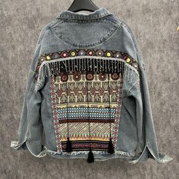 Women's Jackets 2023 Autumn Street Fashion Heavy Industry Beaded Panel Patch Embroidery Ethnic Style Tassel Denim Jacket