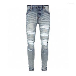 Men's Jeans 23 Arrivals Fashion Streetwear Blue Distressed White Leather Patchwork Slim Denim Pants For Men Trousers