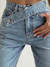 Women's Jeans Harajuku Vintage Woman Oblique Belt High Waist Clothes Wide Leg Denim Clothing Blue Gray Streetwear Fashion Straight Pants