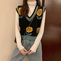 Women's Sweaters Cute Floral Print Knitted Sweater Vest Women Preppy Style Vintage Clothes Patchwork Striped Female Knitwear