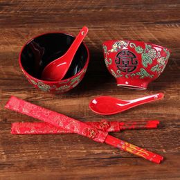 Dinnerware Sets Chinese Red Porcelain Dinner Bowl Lovers Couple Wedding Dowry Gift Bridesmaid Chopsticks Spoon Tableware Ceramic Set