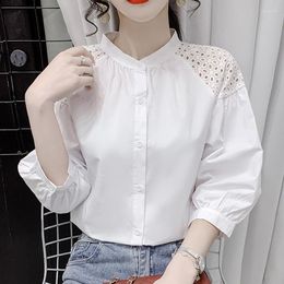 Women's Blouses Stand Collar Elegant White Shirt Sweet Shoulder Hollow Blouse Women Three-quarter Sleeve Loose Office Ladies Cotton Tops