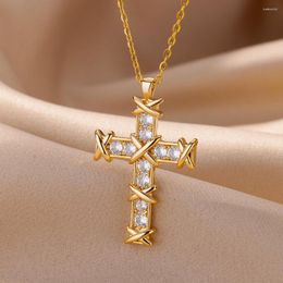 Pendant Necklaces Zircon Stone Cross Necklace For Women Men Stainless Steel Link Chain Vintage Religious Style Aesthetic Jewerly Collar