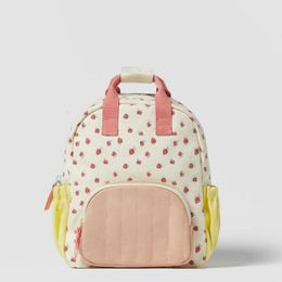Backpacks cotton canvas dopamine strawberry print Colour matching cute children backpack 230729