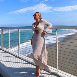 Casual Dresses Summer Sexy Beach Cover Ups Women V Neck Knit Long Sleeve Dress Hollow Out Solid Colour See Through Slit