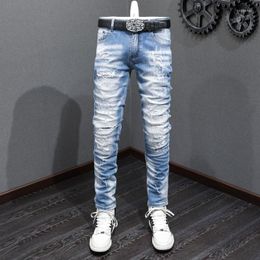 Men's Jeans Street Fashion Men Retro Light Blue Elastic Stretch Slim Fit Hole Ripped Painted Designer Hip Hop Pants Hombre