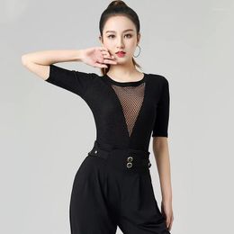 Stage Wear Latin Dance Tops Women Short Sleeves Black Bodysuit Adult Summer Ballroom Clothes Practice Shirt