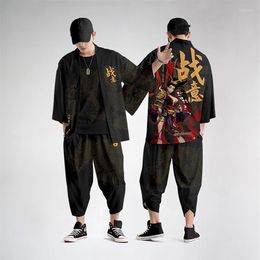 Ethnic Clothing Japanese Style Vintage Kimono Haori Pants Set Men Traditional Harajuku Streetwear Cardigan Costume Coat223b