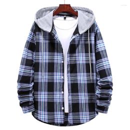 Men's Casual Shirts 2023 Autumn Men Plaid Splicing Hoodie Mens Fashion Streetwear Classic Flannel Long Sleeve Hooded Sudaderas Hombre