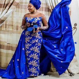 Royal blue Aso Ebi Evening Dress 2020 Nigeria Saudi Plus Size Prom Party Gowns Lace Appliques Detachabled Train Celebrity Dress249u