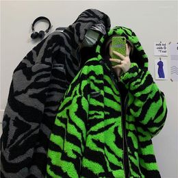 Women's Jackets Winter Streetwear Zebra Pattern Lamb Woolen Thicken Warm Zipper Hooded Padded Coats Women Men Harajuku Loose Outwear 2023