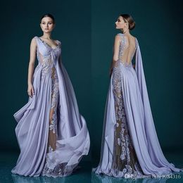 Deep V-neck Lavender Evening Dresses With Wrap Appliques Sheer Backless Celebrity Dress Evening Gowns Stunning Chiffon Long Prom D276G