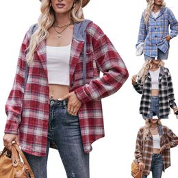 Women's Blouses Vintage Plaids Womens Autumn Winter Coats Hoodie Streetwear Overshirt N7YF