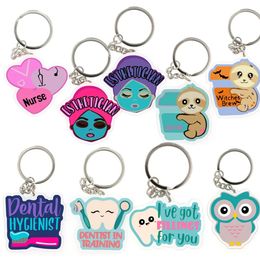 10 Pcs/Lot Fashion Key Rings Personalise Medical Acrylic Sloth Owl Dental Double Side Print Keychain Customised Cute Teeth Creative Nurse Pink Key Chain