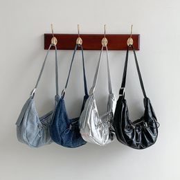 Evening Bags Brand Designer PU And Denim Women's Shoulder Bag Simple Drawstring Crossbody Small Hobos Handbag 2023 Trend