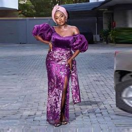 Aso Ebi Style Off Shoulder Prom Dresses 2021 Purple Lace Sexy Front Split Plus Size African Women Formal Evening Occasion Gowns293d
