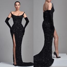 Sexy Black Sequins Evening Dresses Long Sleeves Strapless Split Party Prom Dress Sweep Train Long Dress for red carpet special occasion