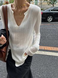 Women's Sweaters Long Sleeve Pullovers Women V-neck Vintage French Style Chic Solid Ladies Summer Sexy Soft Knitted Mujer Ins Clothing