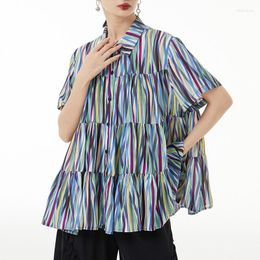 Women's Blouses Multicolour Striped Casual Blouse Lapel Short Sleeve Loose Shirt Fashion Spring Summer 2023 Women Top