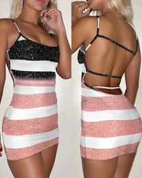 Casual Dresses Summer Sexy Dress Colorblock Striped Print Backless Bodycon Party Spaghetti Strap Mini Elegant For Women