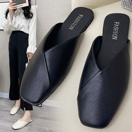 Slippers Women Mules Summer Elegant Square Closed Toe Flat Slippers Female Shoes Casual Leather Black White Slides Plus Size 35-43 230728