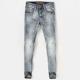 Men's Jeans Ly Designer Fashion Men High Quality Retro Gray Blue Elastic Slim Ripped Italian Style Vintage Denim Pants