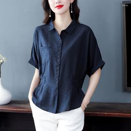 Women's Blouses 2023 Summer Pure Colour Cotton Linen Shirt Short Sleeve Fashion Versatile Middle-aged Mothers Lapel Single-breasted Blouse