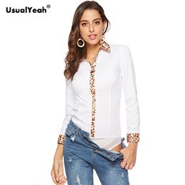 Womens Blouses Shirts UsualYeah Formal Shirts Long sleeve Cotton OL Body Blouse Shirt Patchwork Leopard Button blusas White Black SY0391 230729