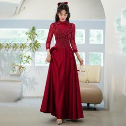 Party Dresses Burgundy Evening Dress Beads Appliques Pleat Floor Length Full Sleeves A-Line High Neck Plus Size Woman Formal Gowns XC015