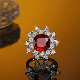 European and American S925 Sterling Silver High Carbon Diamond Flower Ruby Ring Light Luxury Female High-end Wedding Jewellery