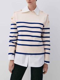 Women's Sweaters Women 2023 Fashion Button Decoration Stripe Casual Knitted Sweater Vintage Long Sleeve Female Pullovers Chic Tops
