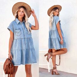 Spring and summer 2022 new style commuter fashion loose jeans shirt short sleeve dress 22845