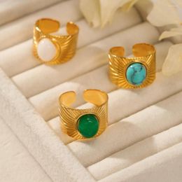 Cluster Rings ANEEBAYH Textured Vintage Natural Stone Turquoise Stainless Steel Geometric 18K Gold Plated For Women Party Gift Wholesale