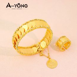 Wedding Jewelry Sets Simple Style Coin Jewelry Sets 24k Gold Plated Dubai Ring and Bracelet Set for Women Wedding Banquet Accessories 230728