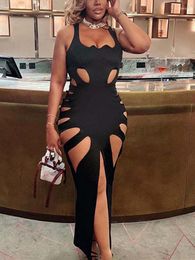 Casual Dresses Sexy Hollow Out Spaghetti Strap Sundress Elegant Split Party Long Vestidos Dinner Gown For Ladies Celebrity Robe